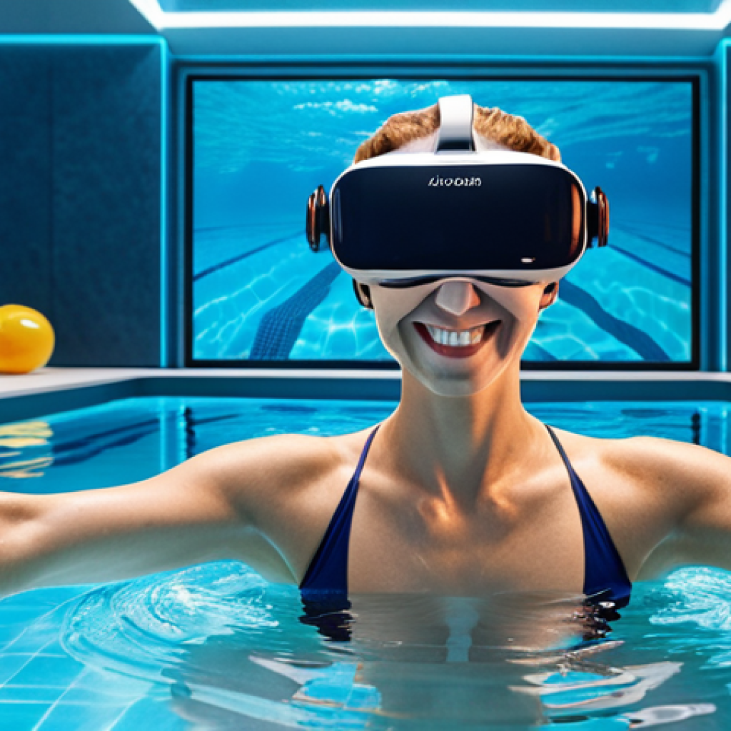 **

A vibrant, modern swimming pool scene. Focus on an aquabike class using VR headsets, participants smiling and engaged in a visually stunning underwater virtual reality experience. Background should include sleek, contemporary pool design and branding that suggests innovation and fitness. Include elements appealing to a tech-savvy Parisian audience.

**