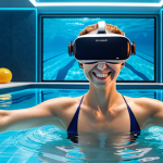 **

A vibrant, modern swimming pool scene. Focus on an aquabike class using VR headsets, participants smiling and engaged in a visually stunning underwater virtual reality experience. Background should include sleek, contemporary pool design and branding that suggests innovation and fitness. Include elements appealing to a tech-savvy Parisian audience.

**