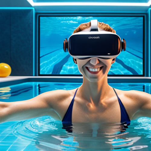 Home 4 **
A vibrant, modern swimming pool scene. Focus on an aquabike class using VR headsets, participants smiling and engaged in a visually stunning underwater virtual reality experience. Background should include sleek, contemporary pool design and branding that suggests innovation and fitness. Include elements appealing to a tech-savvy Parisian audience.
**