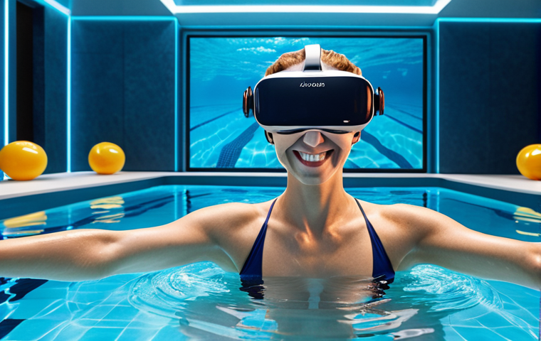 **
A vibrant, modern swimming pool scene. Focus on an aquabike class using VR headsets, participants smiling and engaged in a visually stunning underwater virtual reality experience. Background should include sleek, contemporary pool design and branding that suggests innovation and fitness. Include elements appealing to a tech-savvy Parisian audience.
**