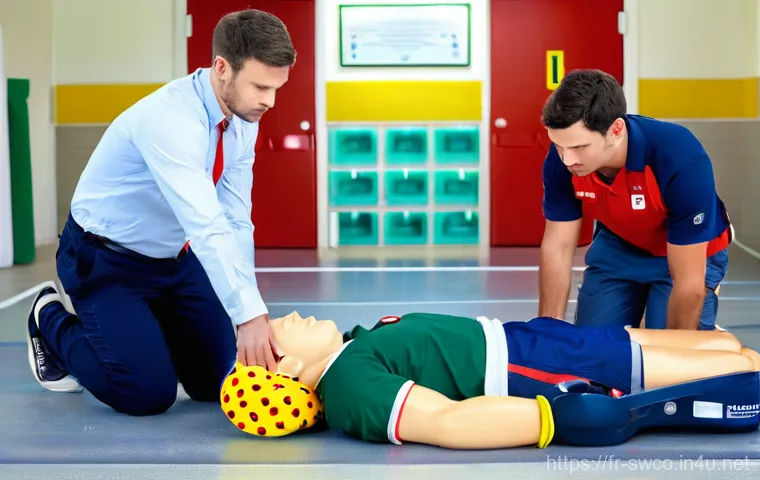 수영강사 자격증 갱신 주의사항 - **Image Prompt: PSE1 First Aid Refresher Course**
"A group of serious and focused French lifegua...
