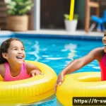 수영강사로 성공하기 위한 5가지 팁 - **Prompt:** A vibrant, heartwarming scene in a bright indoor swimming pool. A diverse group of four ...