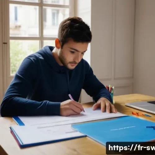 수영강사 필기시험 준비 전략 - A focused study scene in a quiet, well-lit French apartment corner, featuring a young adult reviewin...