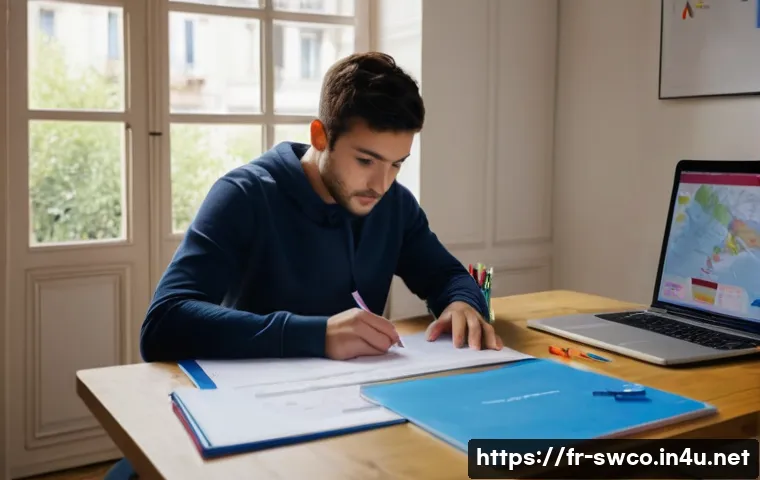 수영강사 필기시험 준비 전략 - A focused study scene in a quiet, well-lit French apartment corner, featuring a young adult reviewin...