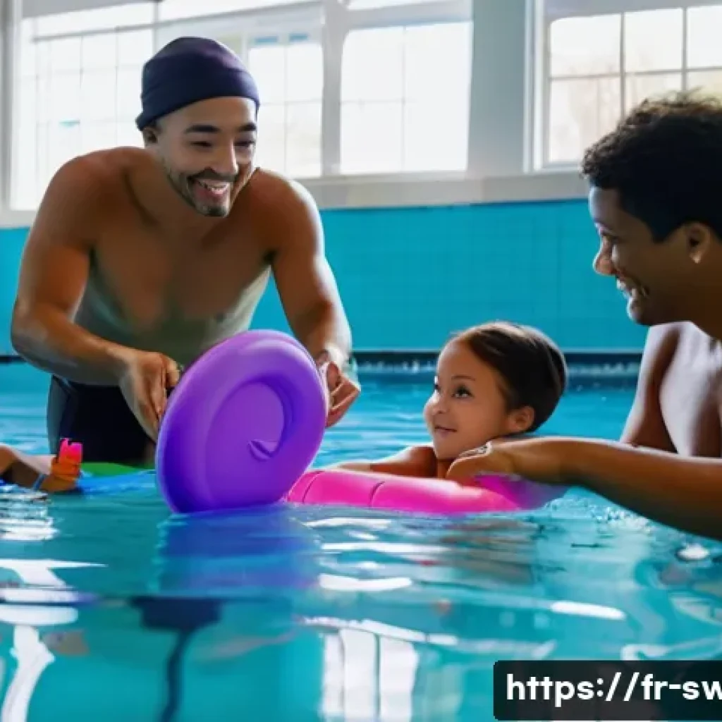 수영강사 채용 트렌드 - A diverse swimming instructor teaching a mixed group of learners in an indoor pool: children wearing...