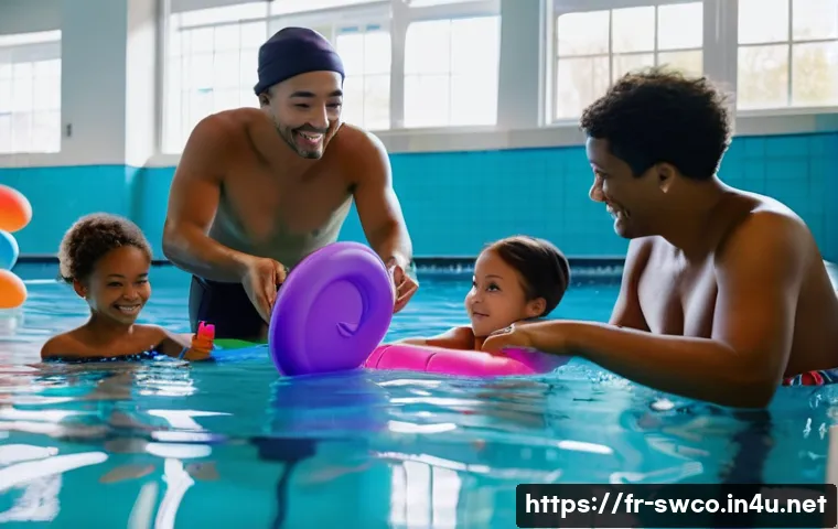 수영강사 채용 트렌드 - A diverse swimming instructor teaching a mixed group of learners in an indoor pool: children wearing...