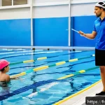 수영강사와 관련된 법적 문제 - A professional swimming instructor in a modern indoor pool setting, wearing a branded blue polo shir...