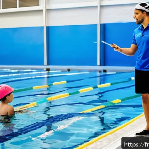 수영강사와 관련된 법적 문제 - A professional swimming instructor in a modern indoor pool setting, wearing a branded blue polo shir...