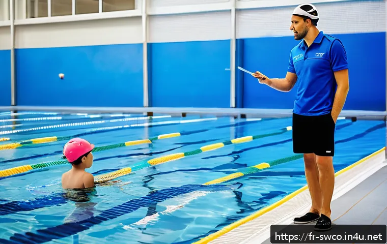수영강사와 관련된 법적 문제 - A professional swimming instructor in a modern indoor pool setting, wearing a branded blue polo shir...